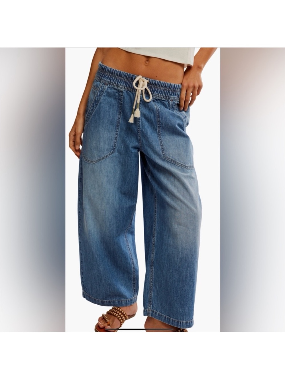 Free People Easy Peasy Wide Leg Denim Drawstring Pants. Size - Medium